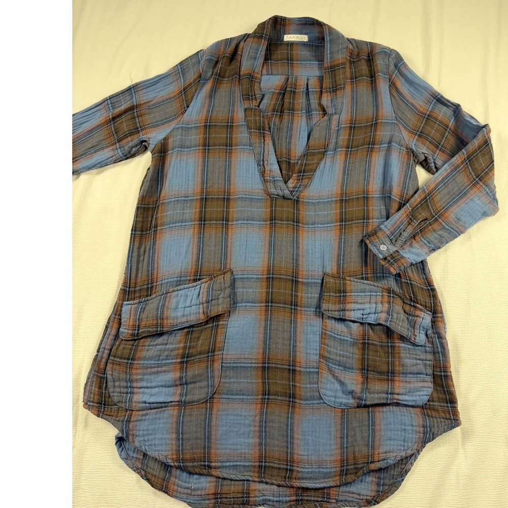 Free People x CP Shades Plaid Gauze Tunic Top Blue Brown V-Neck Pockets Large